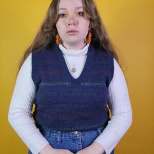 Vintage Navy Blue Striped V-Neck Sweater, L